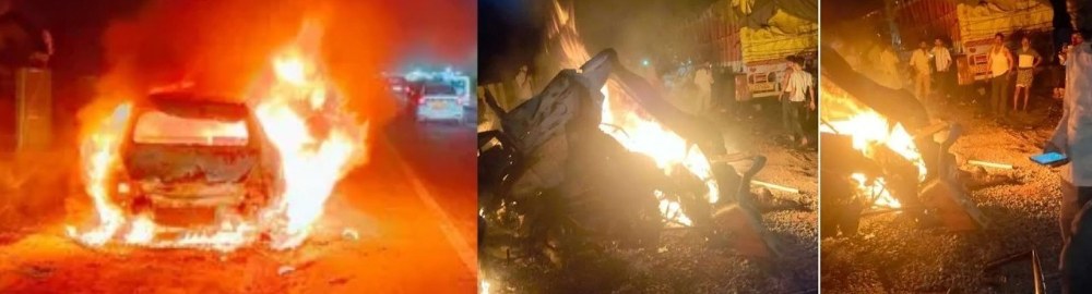 महामार्गावर अपघाताचा थरार; ट्रकच्या धडकेनंतर गाडीने घेतला पेट;