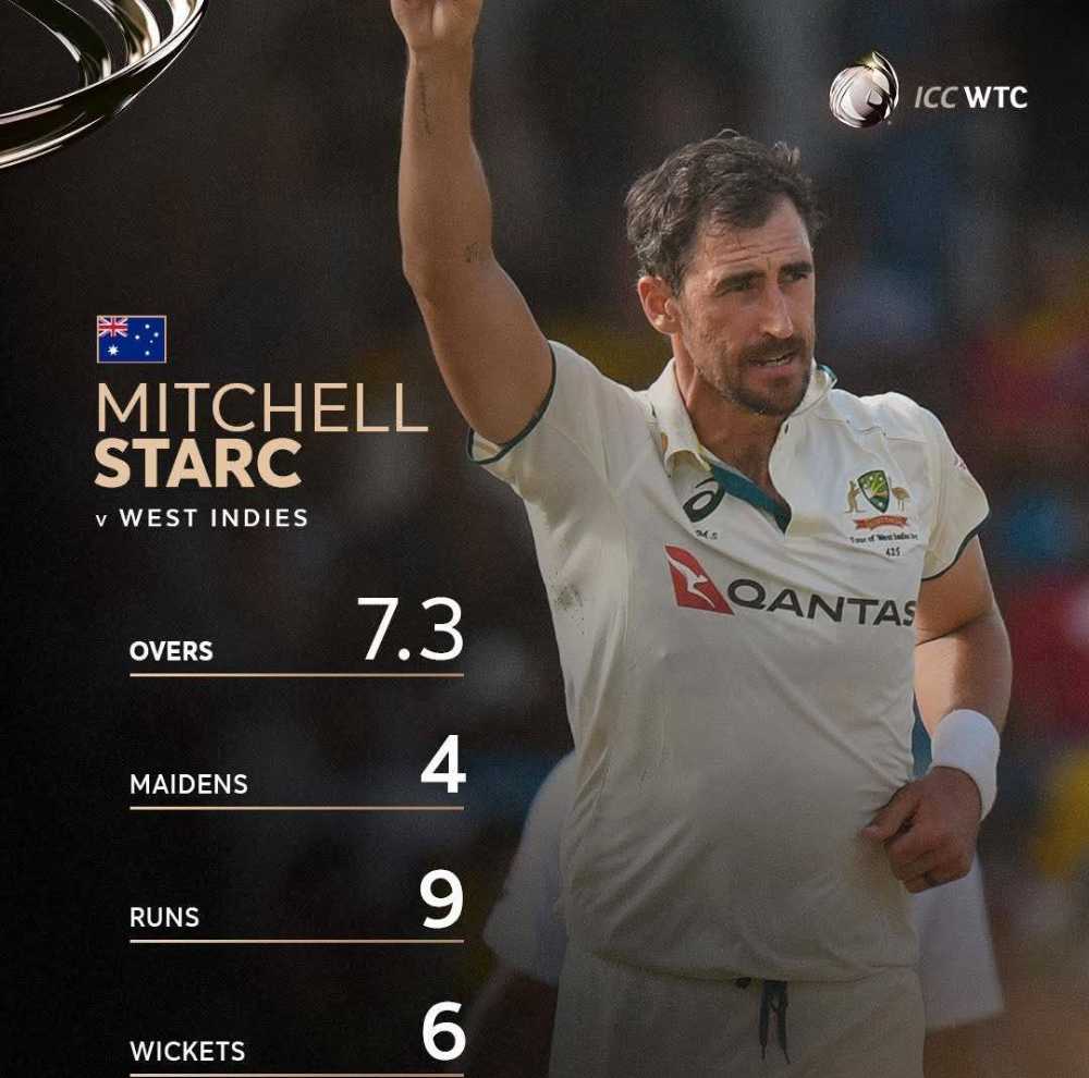 aus-vs-wi-mitchell-starc-creates-test-record-in-15-ball-5-wicket-haul-against-west-indies-starc-six-for-boland-hat-trick-consign-west-indies-to-27-all-out-west-indies-vs-australia-3rd-test-match-202507.jpg | 27 धावांवर All Out; मिचेल स्टार्कचा 15 चेंडूत मोठा विक्रम | belgaum news | belgavkar बेळगावकर