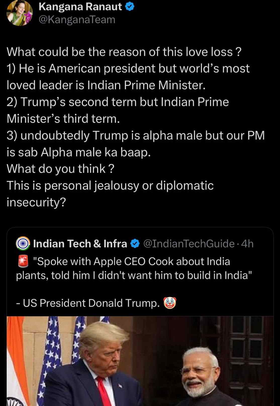 kangana-ranaut-deletes-trump-modi-comparison-post-after-bjp-president-jp-nadda-asked-her-to-do-so-kangana-ranaut-deletes-post-about-trump-regrets-sharing-very-personal-opinion-kangana-ranaut-delete-202505.jpg | आधी ट्रम्पवर भडकली, नंतर पोस्ट डिलीट | belgaum news | belgavkar बेळगावकर