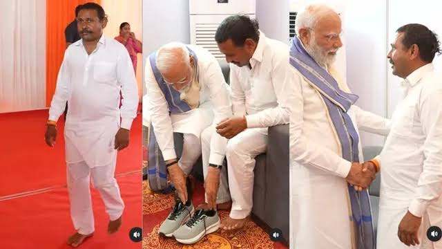 Video : मोदींनी स्वतःच्या हातांनी त्याच्या पायातज्ञ घातले बूट Watch Video