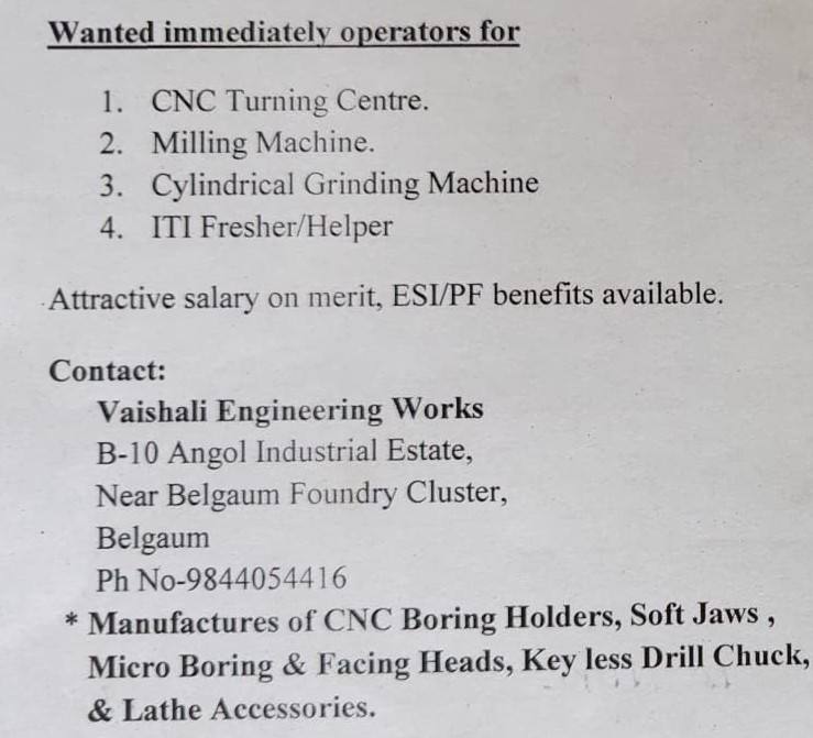 Job : Wanted immediately Operators for Vaishali Engineering Works